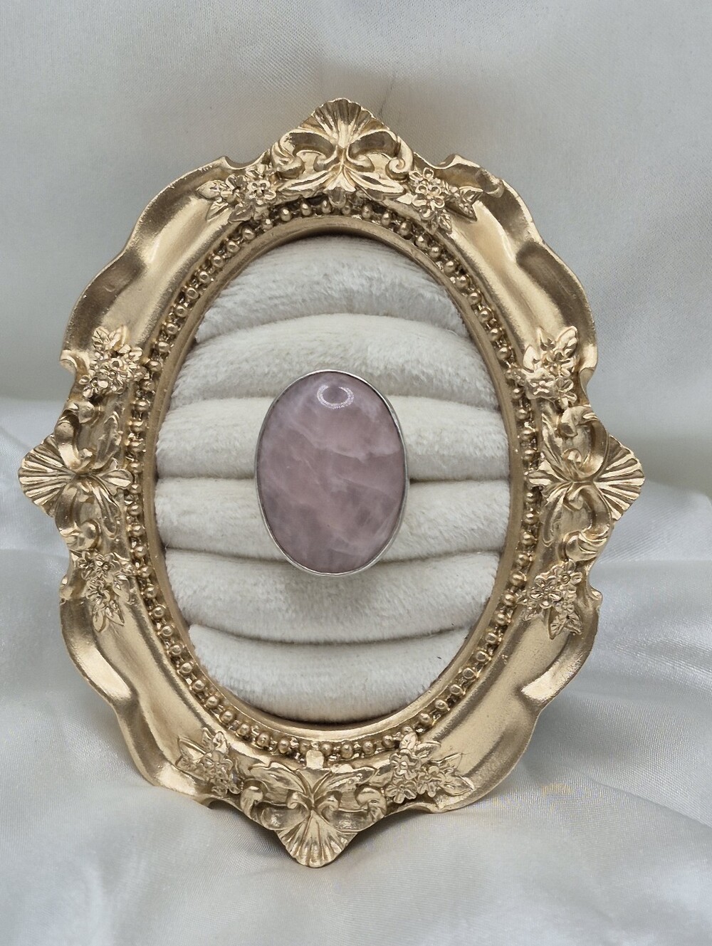 Adjustable Sterling Silver Marked 925 Pink Stone Bezel Set Rose Quartz.